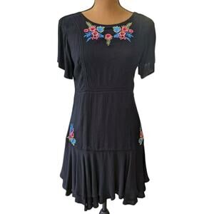 Rahi Cali x Anthropologie S Dress Black Tiered Floral Embroidered Flirty Boho